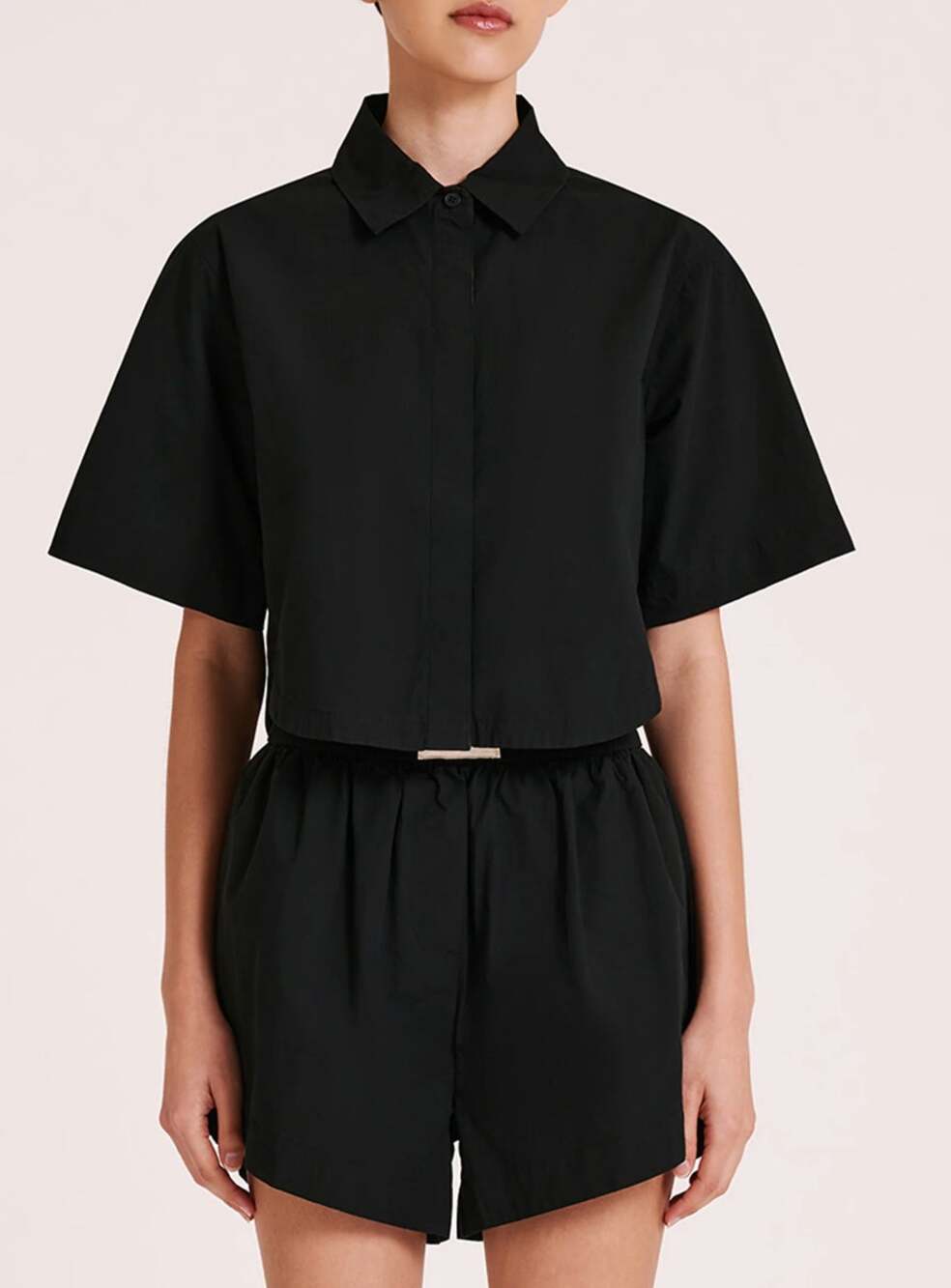 Nudy Lucy Raen Cropped Poplin Button Front Shirt Black Size Small